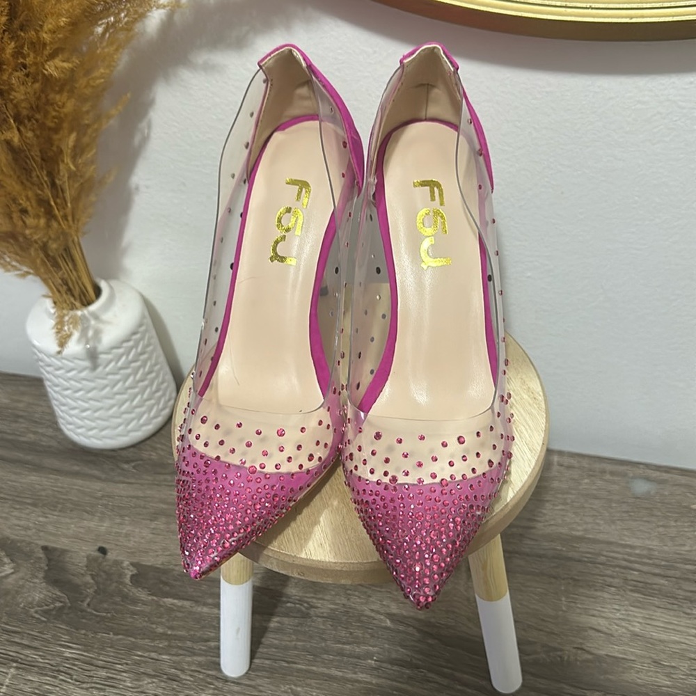 FSJ Women Studded Pointed Toe Transparent Pumps High Heels Shoes